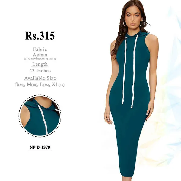 Teal_Polyester_Bodycon_Hooded_Midi_Dress_for_Women