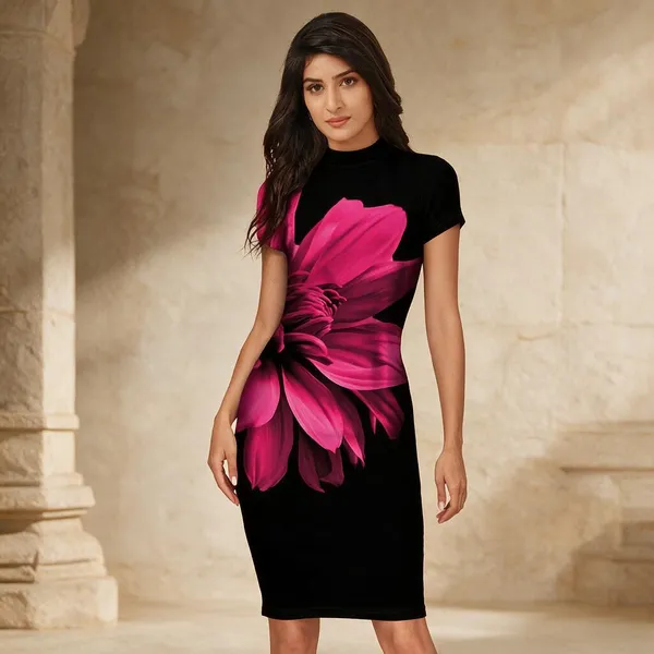 Black_Knit_Floral_Print_Short_Sleeve_Bodycon_Dress_For_Women