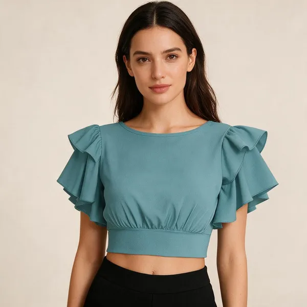 Teal_Knitted_Ruffle_Sleeve_Crop_Top_For_Women_-_Pack_of_2
