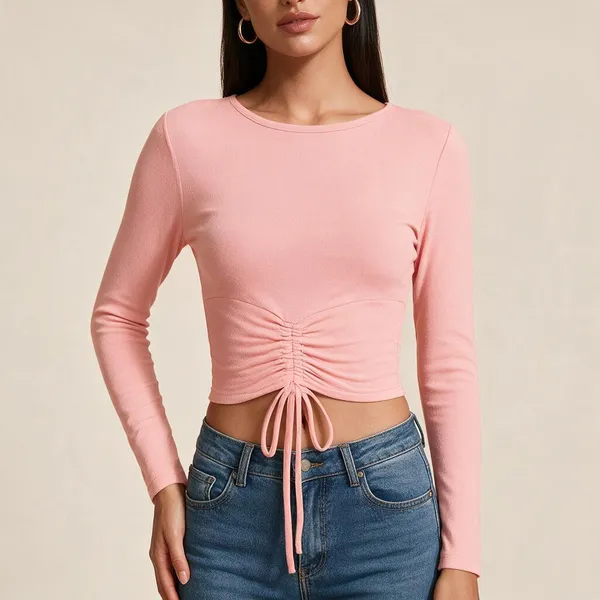 Pink_Knitted_Full_Sleeve_Ruched_Drawstring_Crop_Top_For_Women_-_Pack_of_2