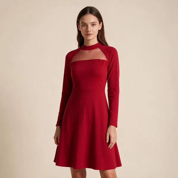Red_Knit_Mesh_Yoke_Fit_And_Flare_Dress_For_Women