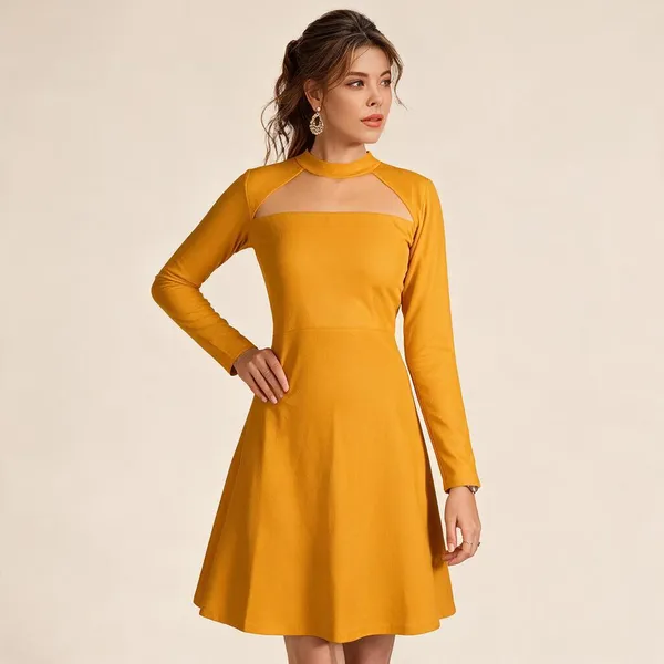 Orange_Knit_High_Neck_Fit_And_Flare_Maxi_Dress_For_Women