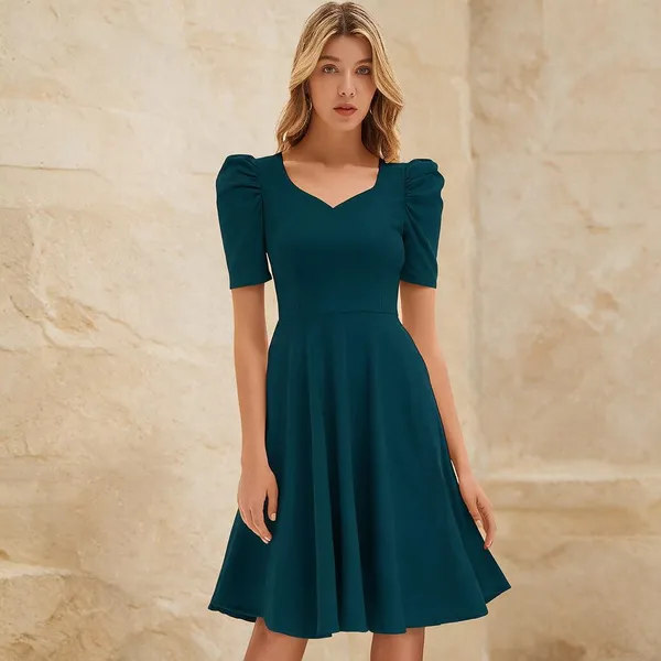 Teal_Polyester_Puff_Sleeve_Fit_And_Flare_Dress_For_Women