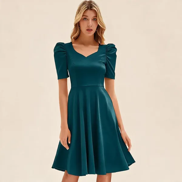 Teal_Polyester_Puff_Sleeve_Fit_And_Flare_Dress_For_Women