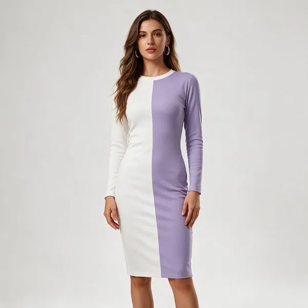White_Lavender_Polyester_Colour_Block_Bodycon_Dress_For_Women