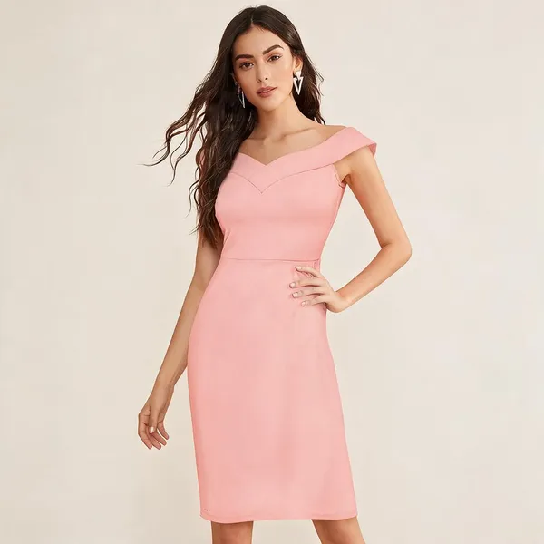 Pink_Polyester_Off_Shoulder_Bodycon_Dress_For_Women