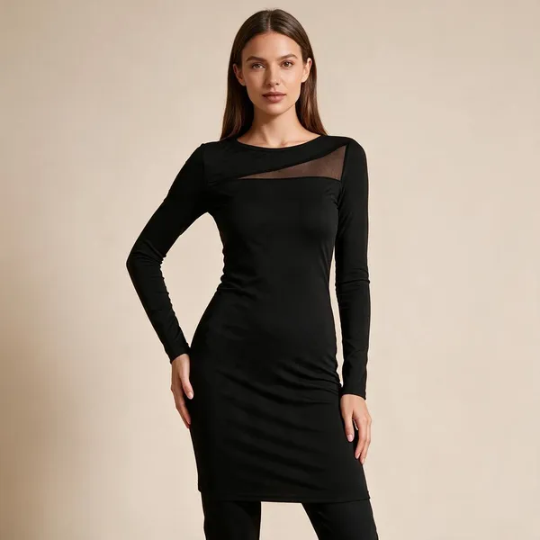 Black_Polyester_Mesh_Panel_Bodycon_Dress_For_Women