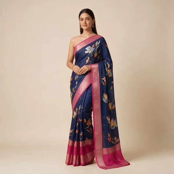 Blue_Semi_Silk_Floral_Print_Saree_For_Women