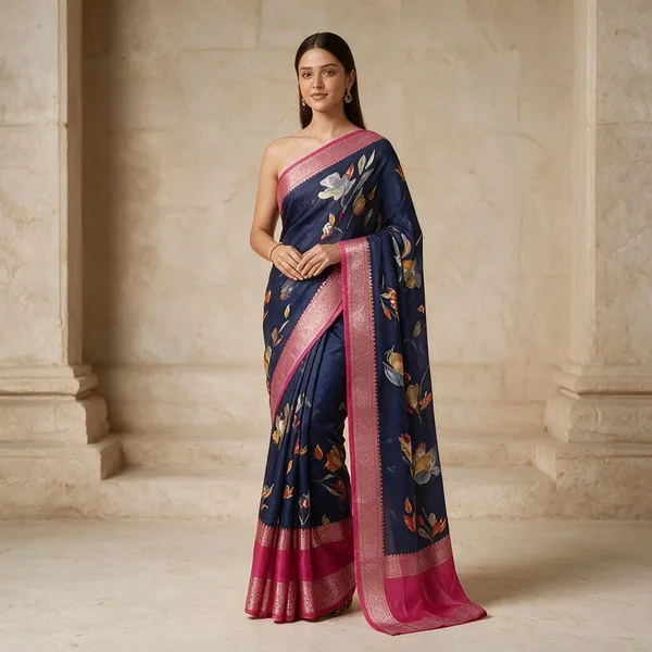 Blue_Semi_Silk_Floral_Print_Saree_For_Women