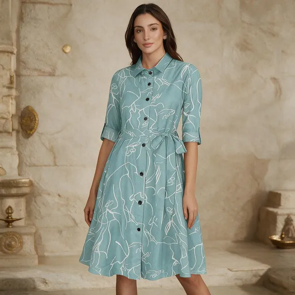 Blue_Cotton_Printed_Flared_Shirt_Dress_For_Women