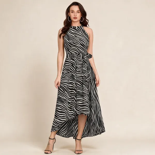Black_White_Knit_Zebra_Print_Sleeveless_Flared_Dress_For_Women