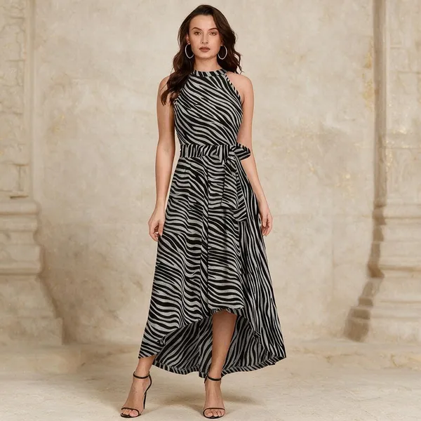 Black_White_Knit_Zebra_Print_Sleeveless_Flared_Dress_For_Women