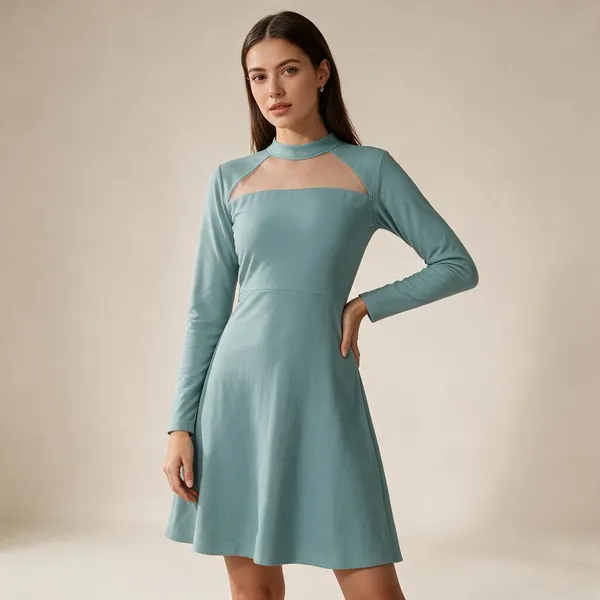 Teal_Knit_Mesh_Yoke_Fit_And_Flare_Maxi_Dress_For_Women