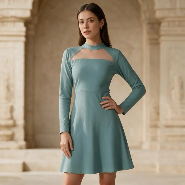 Teal_Knit_Mesh_Yoke_Fit_And_Flare_Maxi_Dress_For_Women