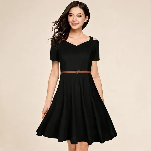 Black_Polyester_Belted_Fit_And_Flare_Dress_For_Women