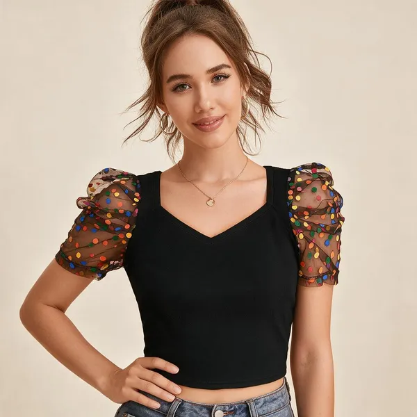 Black_Knitted_Puff_Sleeve_V-Neck_Crop_Top_For_Women_-_Pack_of_2