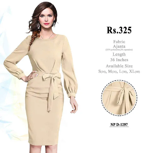 Beige_Polyester_Tie_Waist_Dress_for_Women