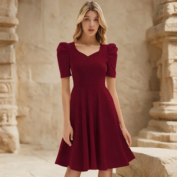 Maroon_Polyester_Puff_Sleeve_Fit_And_Flare_Dress_For_Women