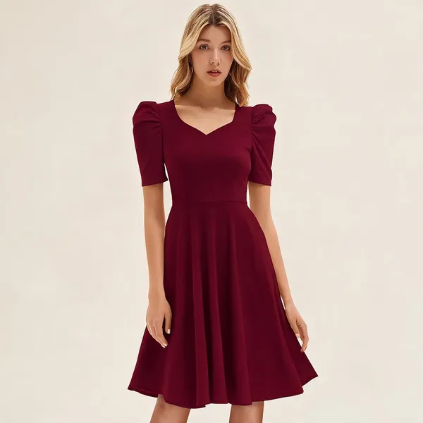 Maroon_Polyester_Puff_Sleeve_Fit_And_Flare_Dress_For_Women
