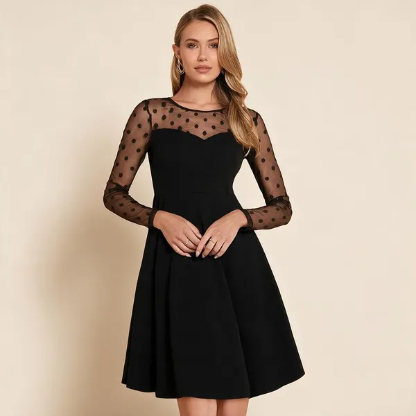 Black_Polyester_Polka_Dot_Yoke_Skater_Dress_For_Women