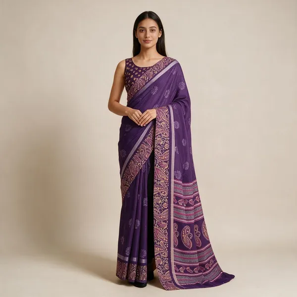 Purple_Semi_Silk_Geometric_Floral_Print_Saree_For_Women