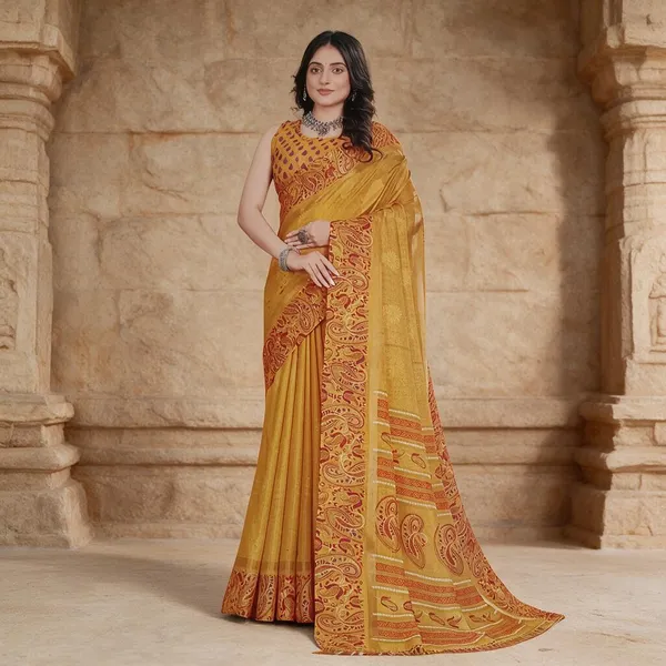 Mustard_Semi_Silk_Paisley_Print_Saree_For_Women