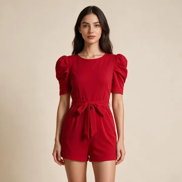 Red_Polyester_Puff_Sleeve_Romper_For_Women