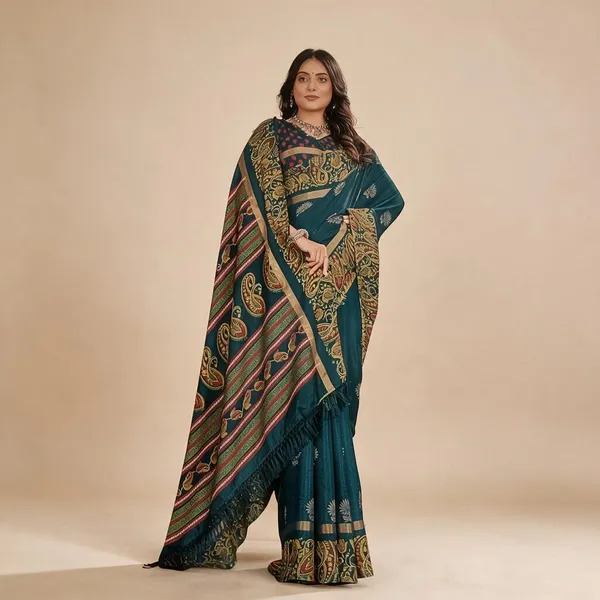 Teal_Semi_Silk_Paisley_Printed_Saree_For_Women