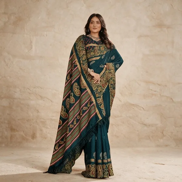 Teal_Semi_Silk_Paisley_Printed_Saree_For_Women