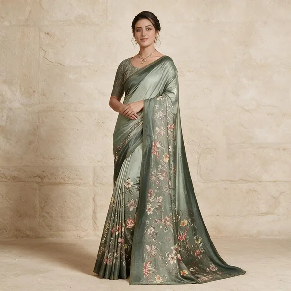 Green_Semi_Silk_Floral_Print_Saree_For_Women
