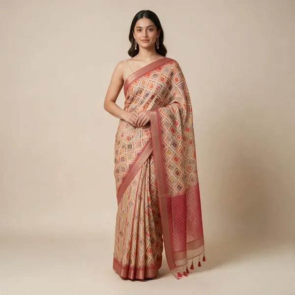 Peach_Semi_Silk_Geometric_Print_Saree_For_Women