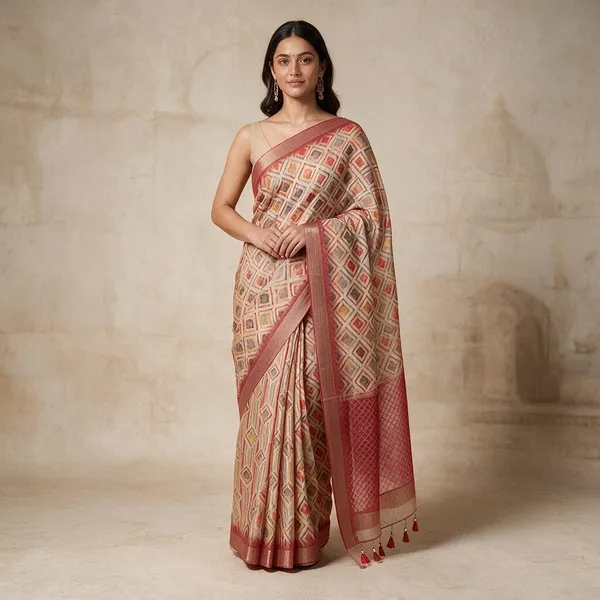Peach_Semi_Silk_Geometric_Print_Saree_For_Women