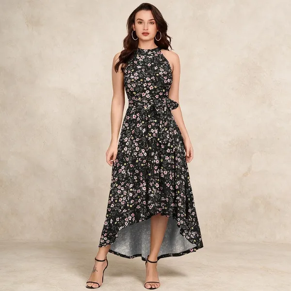 Black_Knitted_Floral_Print_Sleeveless_High_Low_Dress_For_Women
