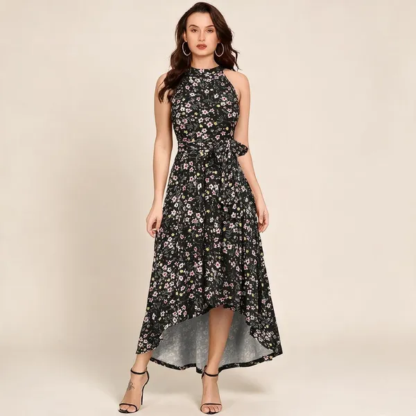 Black_Knitted_Floral_Print_Sleeveless_High_Low_Dress_For_Women