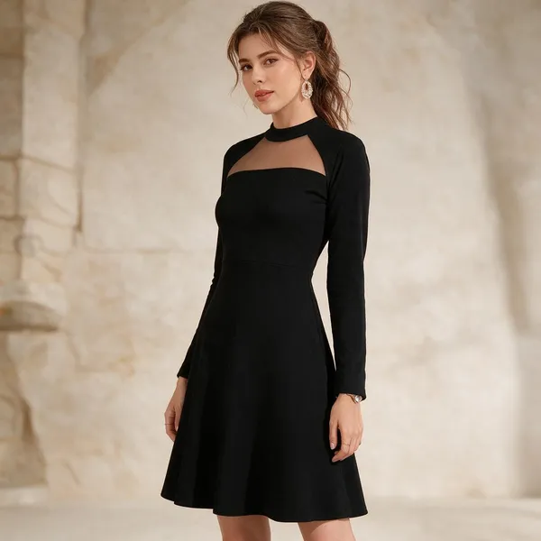 Black_Knitted_High_Neck_Fit_And_Flare_Dress_For_Women