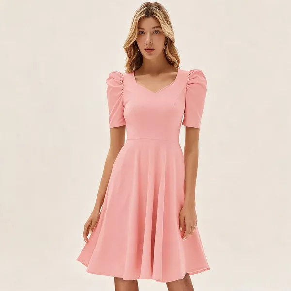 Pink_Polyester_Puff_Sleeve_Fit_And_Flare_Dress_For_Women