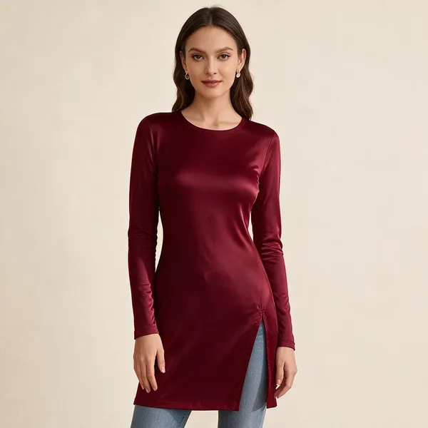 Maroon_Knit_Regular_Fit_Longline_Tunic_Top_For_Women