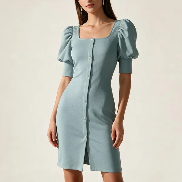 Light_Blue_Polyester_Puff_Sleeve_Romper_For_Women