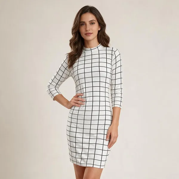 White_Polyester_Checked_Bodycon_Dress_For_Women