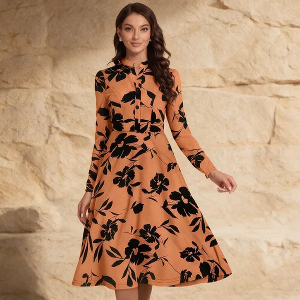 Orange_Polyester_Floral_Fit_And_Flare_Dress_For_Women