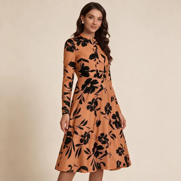 Orange_Polyester_Floral_Fit_And_Flare_Dress_For_Women