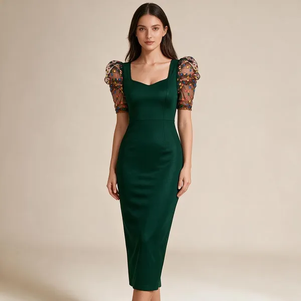 Green_Polyester_Puff_Sleeve_Bodycon_Dress_For_Women