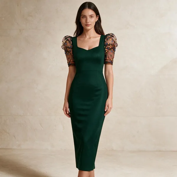 Green_Polyester_Puff_Sleeve_Bodycon_Dress_For_Women