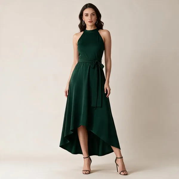 Green_Knit_Sleeveless_Tie_Waist_High_Low_Dress_For_Women