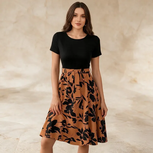 Black_Polyester_Floral_Print_Fit_And_Flare_Dress_For_Women