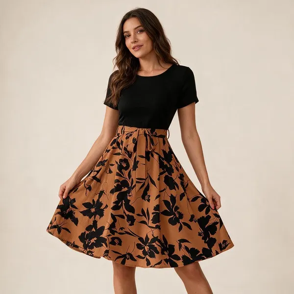 Black_Polyester_Floral_Print_Fit_And_Flare_Dress_For_Women