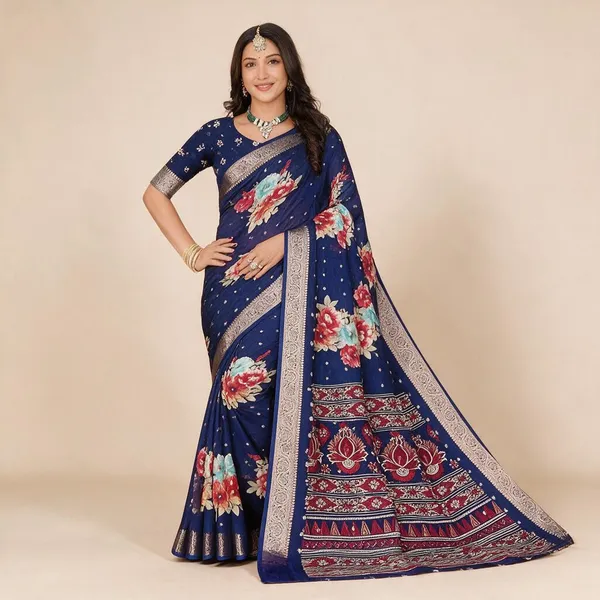 Navy_Blue_Semi_Silk_Floral_Print_Saree_For_Women