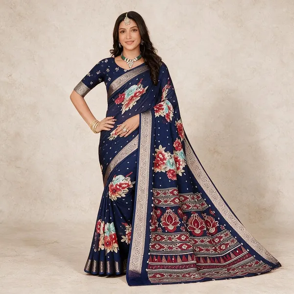 Navy_Blue_Semi_Silk_Floral_Print_Saree_For_Women