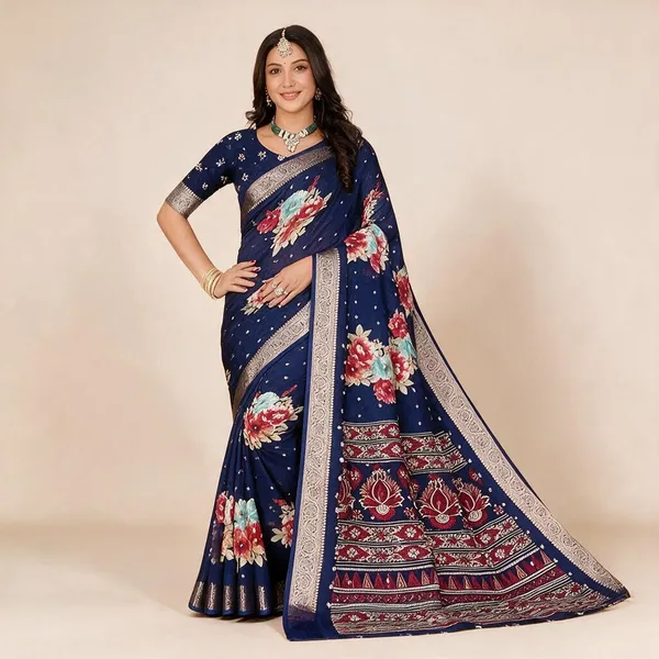 Navy_Blue_Semi_Silk_Floral_Print_Saree_For_Women