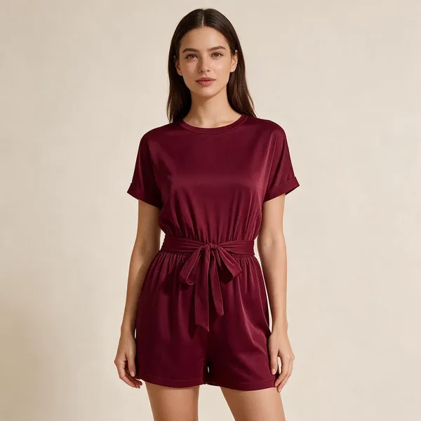 Maroon_Polyester_Short_Sleeve_Tie_Waist_Romper_For_Women